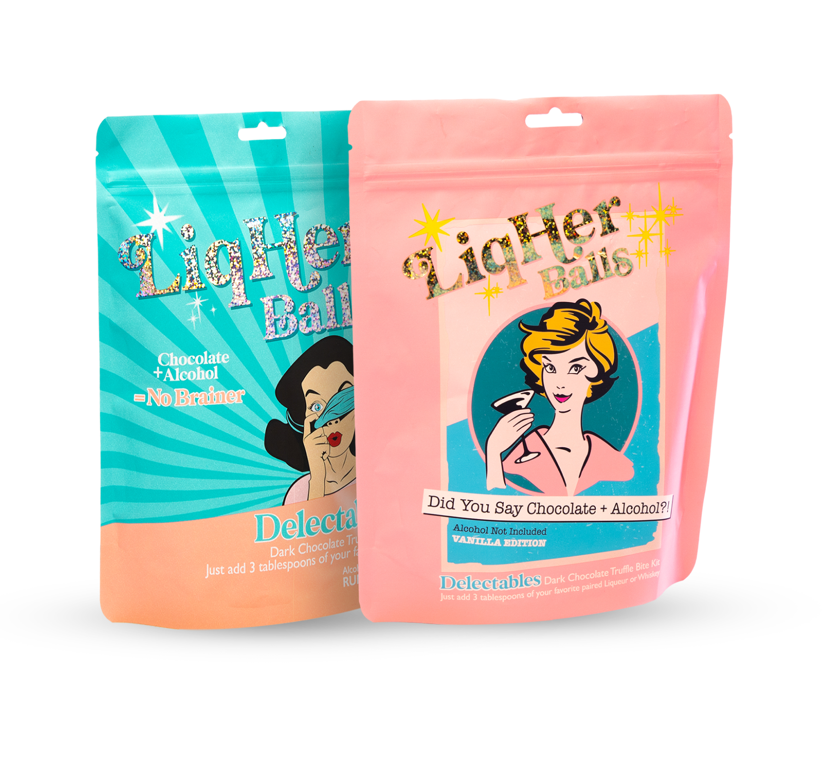 Decadent chocolate liqueur balls in original packaging, vanilla and rum flavors